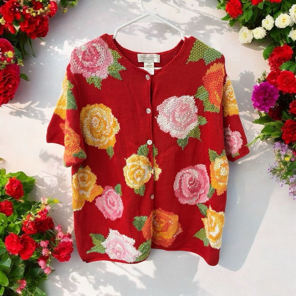 Susan Bristol Sweater Button Up Short Sleeve Size 1W Red Floral sequins knit EUC